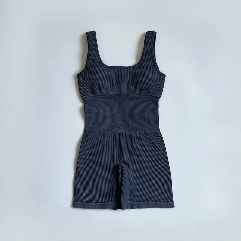 Women's Yoga Jumpsuits Ribbed One Piece Padded Tank Tops Rompers Sleeveless Acid Wash Activewear Unitard Sexy Bodycon Black