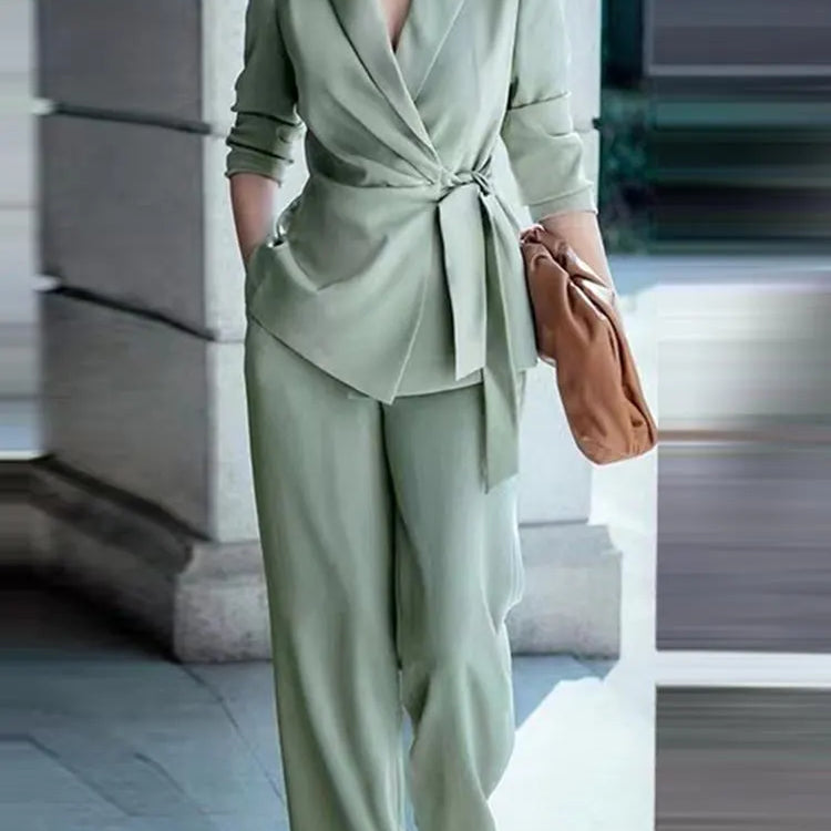 ZANZEA Elegant OL Work Suit Women Solid Blazer & Wide Leg Pant Sets Fashion 2PCS Urban Tracksuits Ladies Office Outfits Oversize green