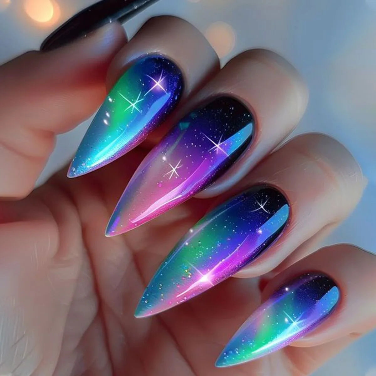 24pcs/set medium long fake nails square ballet nail tips glitters starry sky moon star feather design press on false nail art