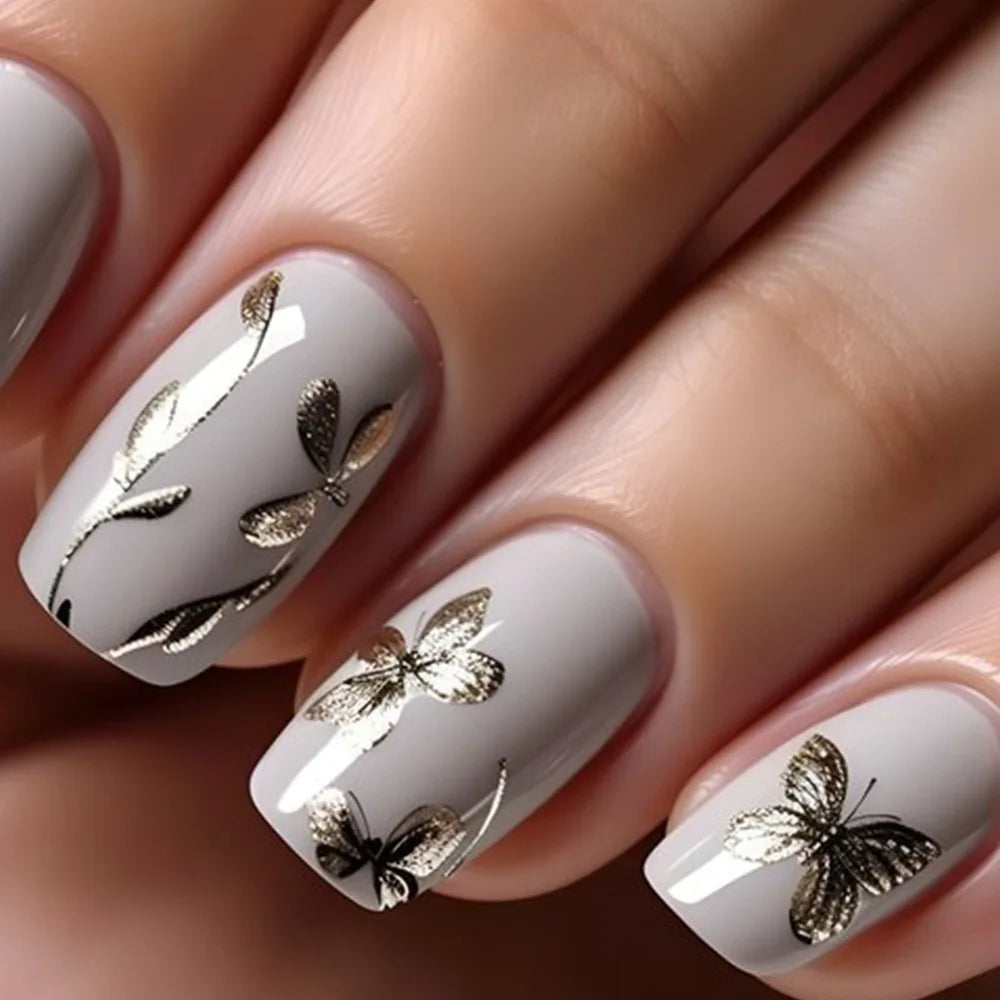 24pcs/set short medium fake nails beautiful flowers design fall winter square ballet acrylic tips press on false nail art supply