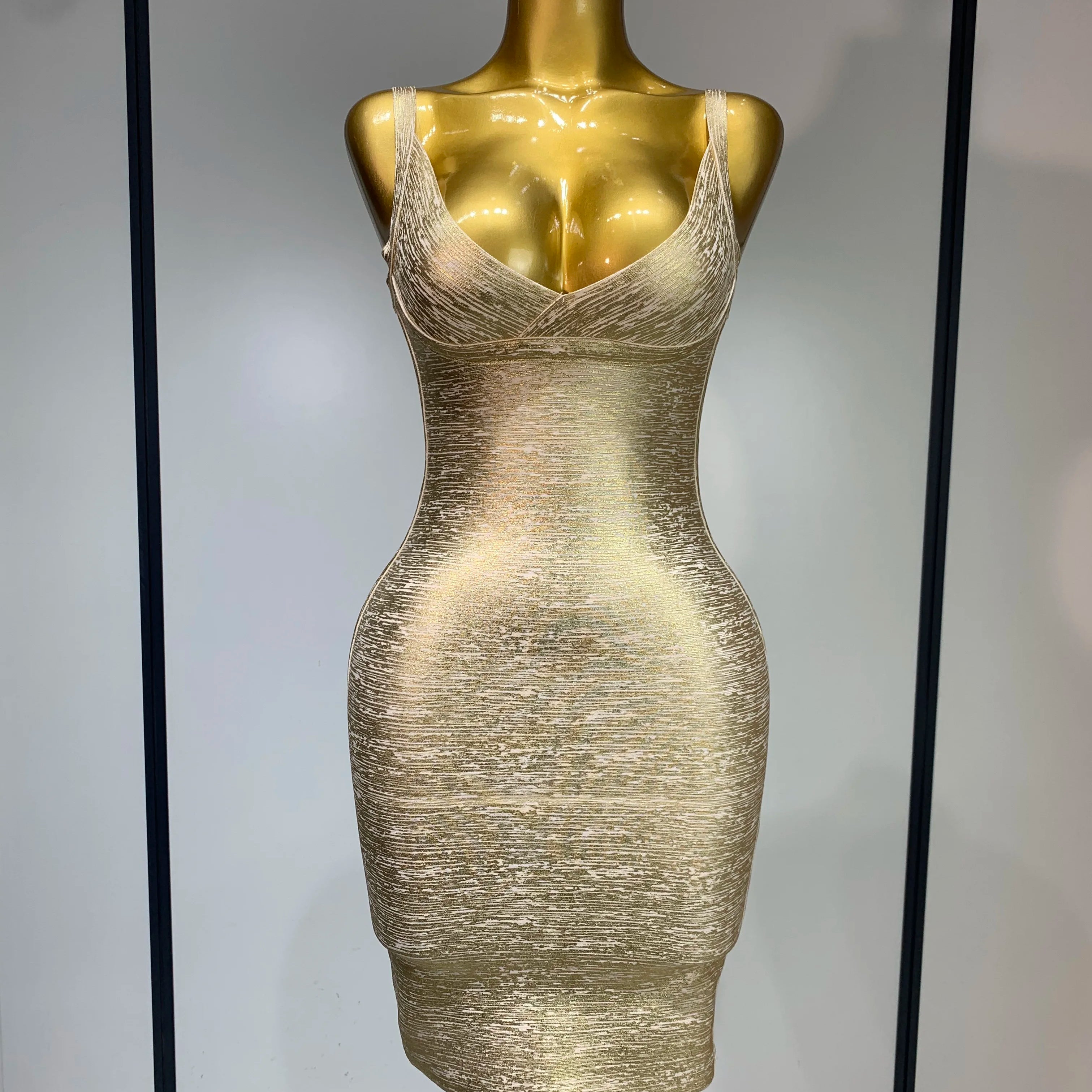 High Quality Celebrity Elegant Gold Bodycon Bandage Dress Women Sexy Nightclub Evening Party Luxury Birthday Dress Vestidos