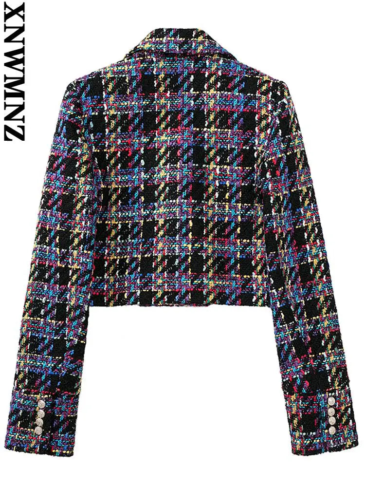 Women's jacket fashion double-breasted tweed cropped blazer vintage long sleeve female outerwear chic veste femme