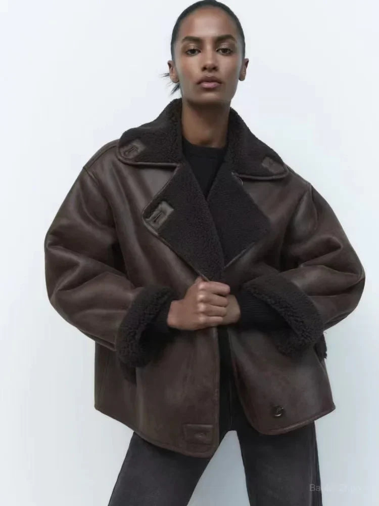 Woman Thick Faux Leather Jackets For Women Autumn Winter Warm Wool Blends Coats Demi-Season Plush Jacket Outerwear Female