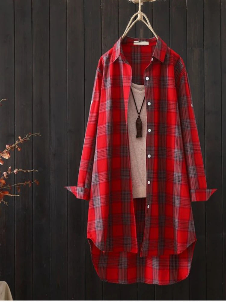 Plaid Medium Long Blouses Casual Style Loose Shirts Female Summer Beach Sunscreen Blouses Fashion Korean Style Female Blouses