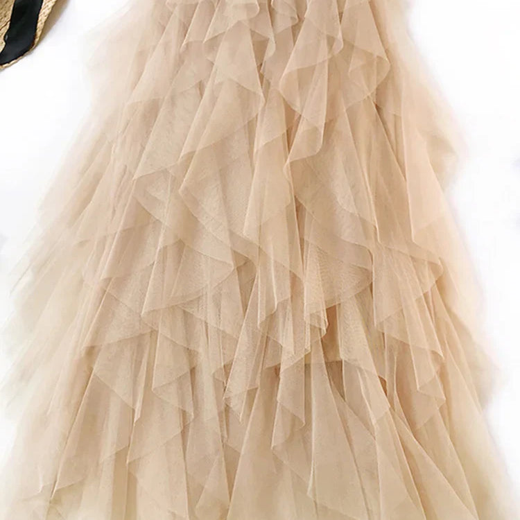 Fashion Tutu Tulle Skirt Women Long Maxi Skirt Spring Summer Korean Black Pink High Waist Pleated Skirt Female Khaki One Size