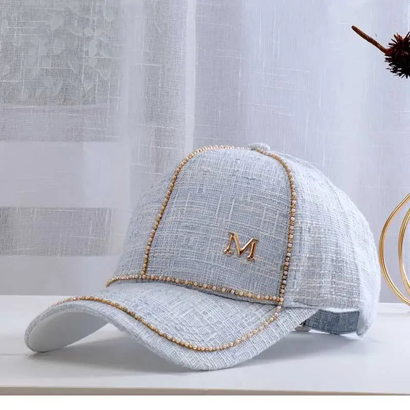 Women Letter M Baseball Caps For Female Adjustable Hip Hop Fashion Shiny Hats SKY BLUE