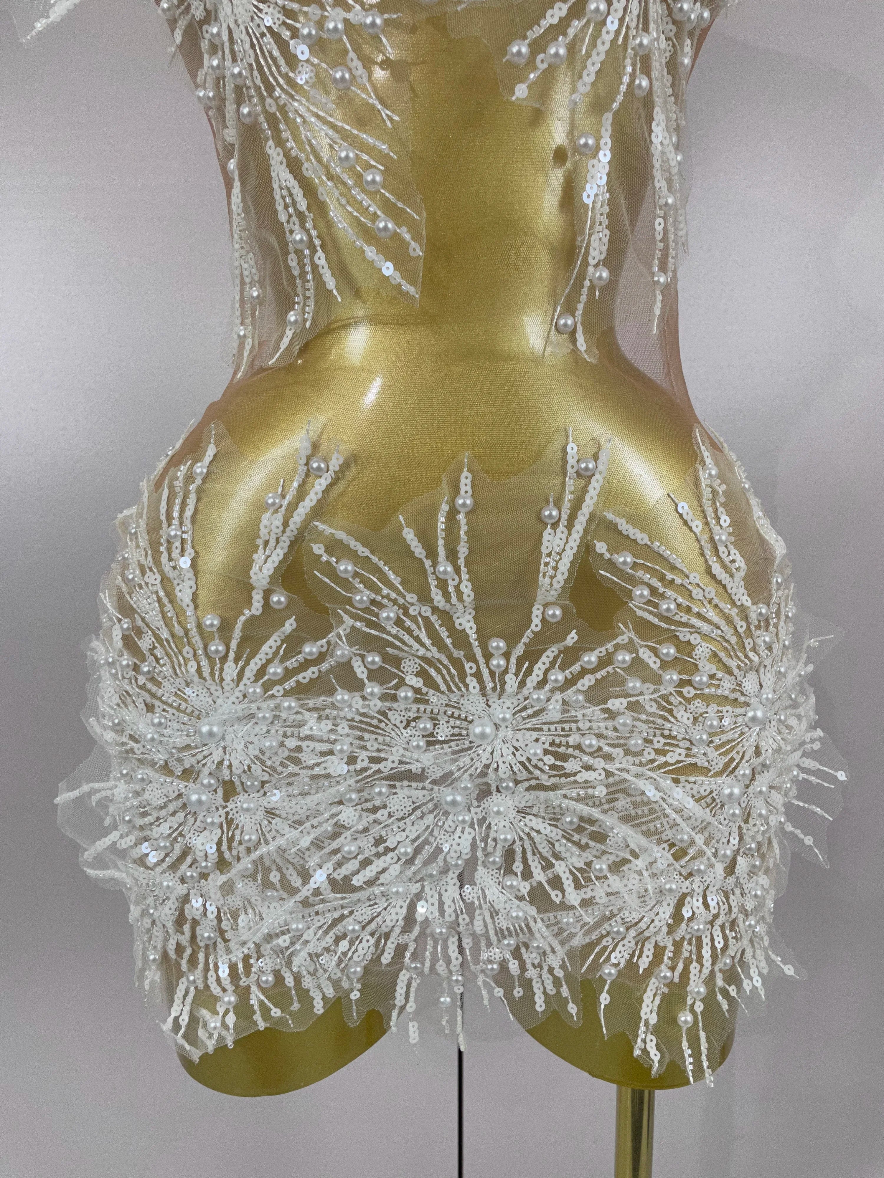 Stock Women Sexy Mesh See Through Pearl Lace Party Mini Dress Celebrate Birthday Photo Shoot Wear Performance Stage Costume