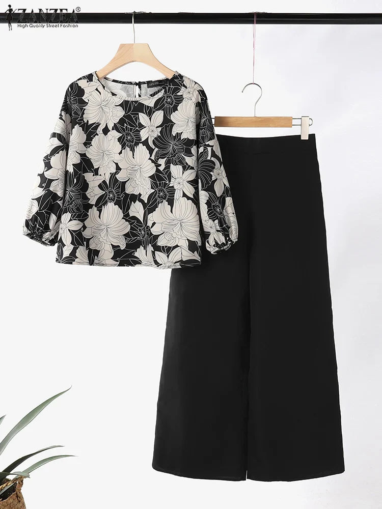 Fashion Trousers Suit Women 3/4 Sleeve Blouse Wide Leg Pant Sets Summer Matching Sets ZANZEA 2PCS Casual Printed Tracksuits