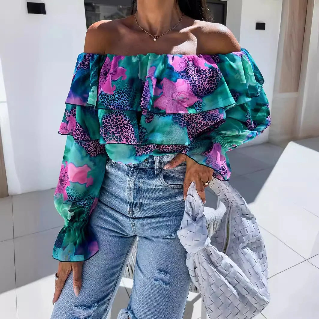 Summer Fashion Off Shoulder Printed Chiffon B LouseWomen Sexy Beach Style Slash Neck Ruffle Chiffon Blouse Women