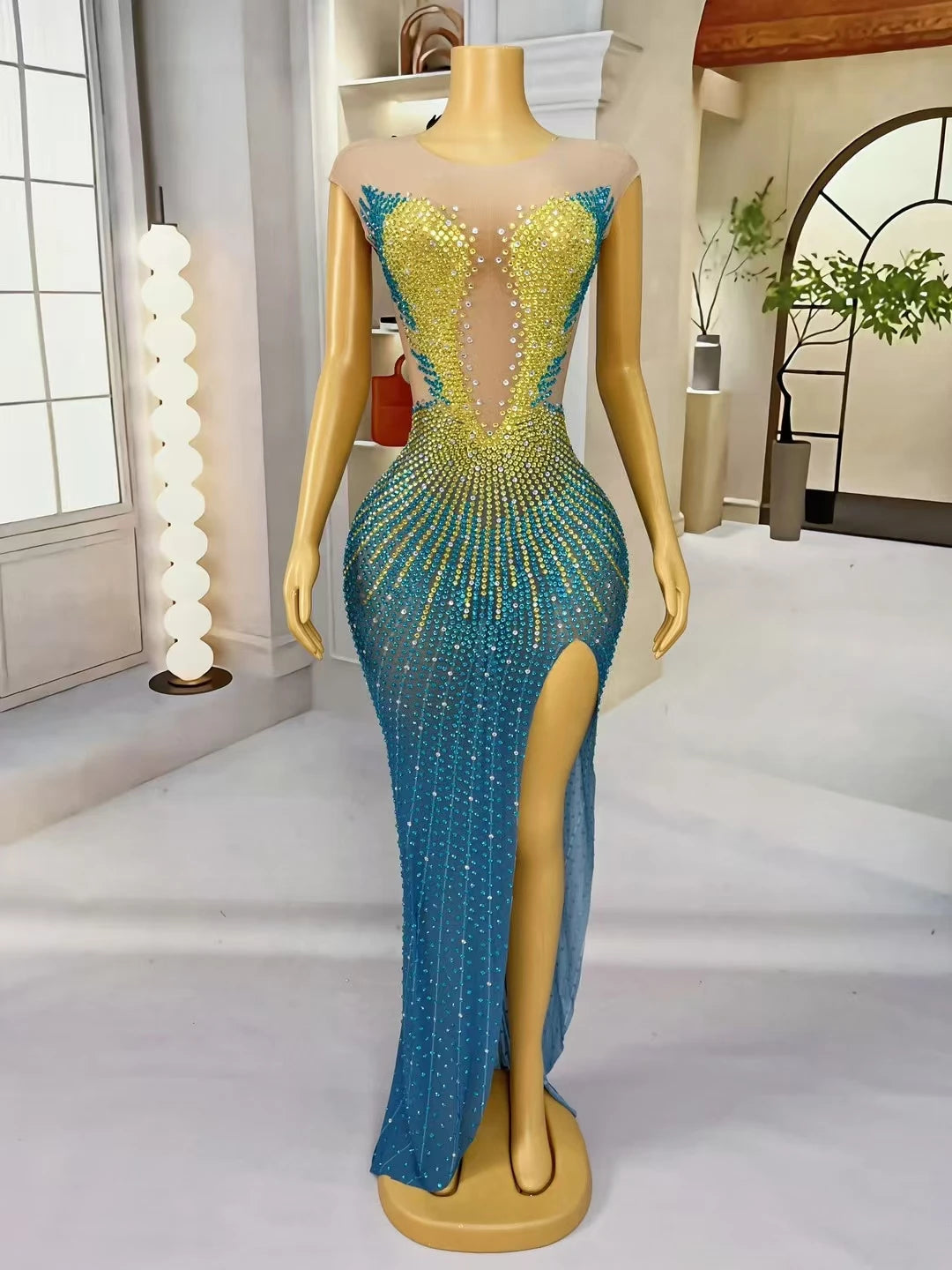 Sparkly Rhinestone Sheer Long Dress With High Side Slits Evening Gown Cocktail Party Club Singer Maxi Dress Ball Dress kongqueyu