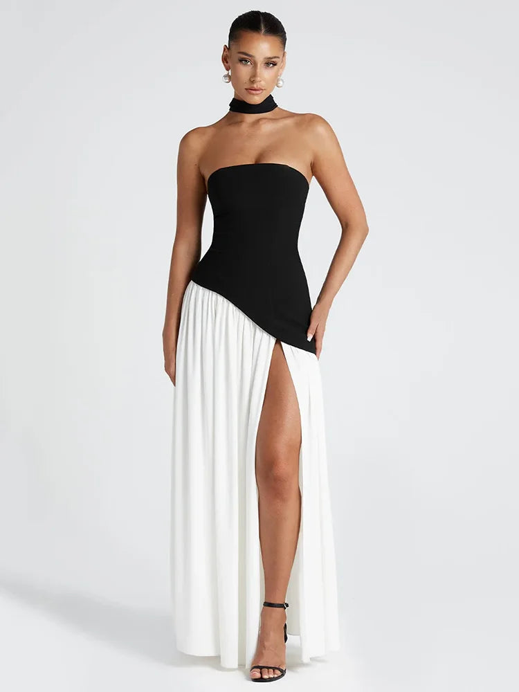 Strapless Off-shoulder Sexy Maxi Dress For Women Gown Patchwork Scarf Collar Thigh High Split Club Party Long Dress