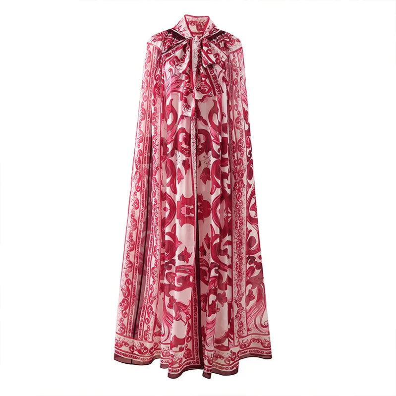 New Fashion Loose Chiffon Porcelain Print Bow Cape Versatile Women’s Cloak Parties Vacations Stylish Scarf Collar Shawl Coat Red