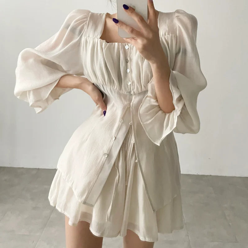 Fashion Summer Outfits for Women 2023 New Long Sleeves Blouse + Thin Shorts Sets Fairy Girls Pure Color Ladies Two Piece Set Beige