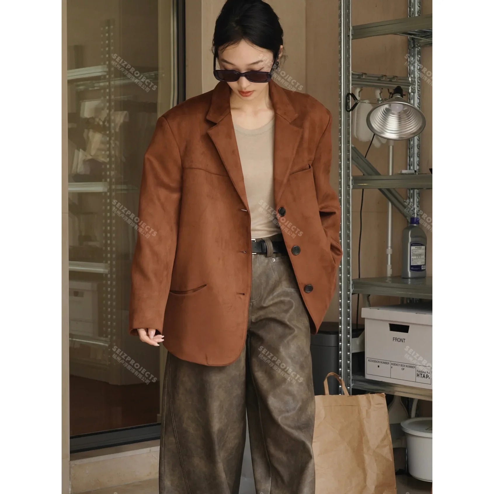 Winter Curved Pocket Oversized Blazer Suede Jacket Brown Green Loose Straight Coat For Women Brown