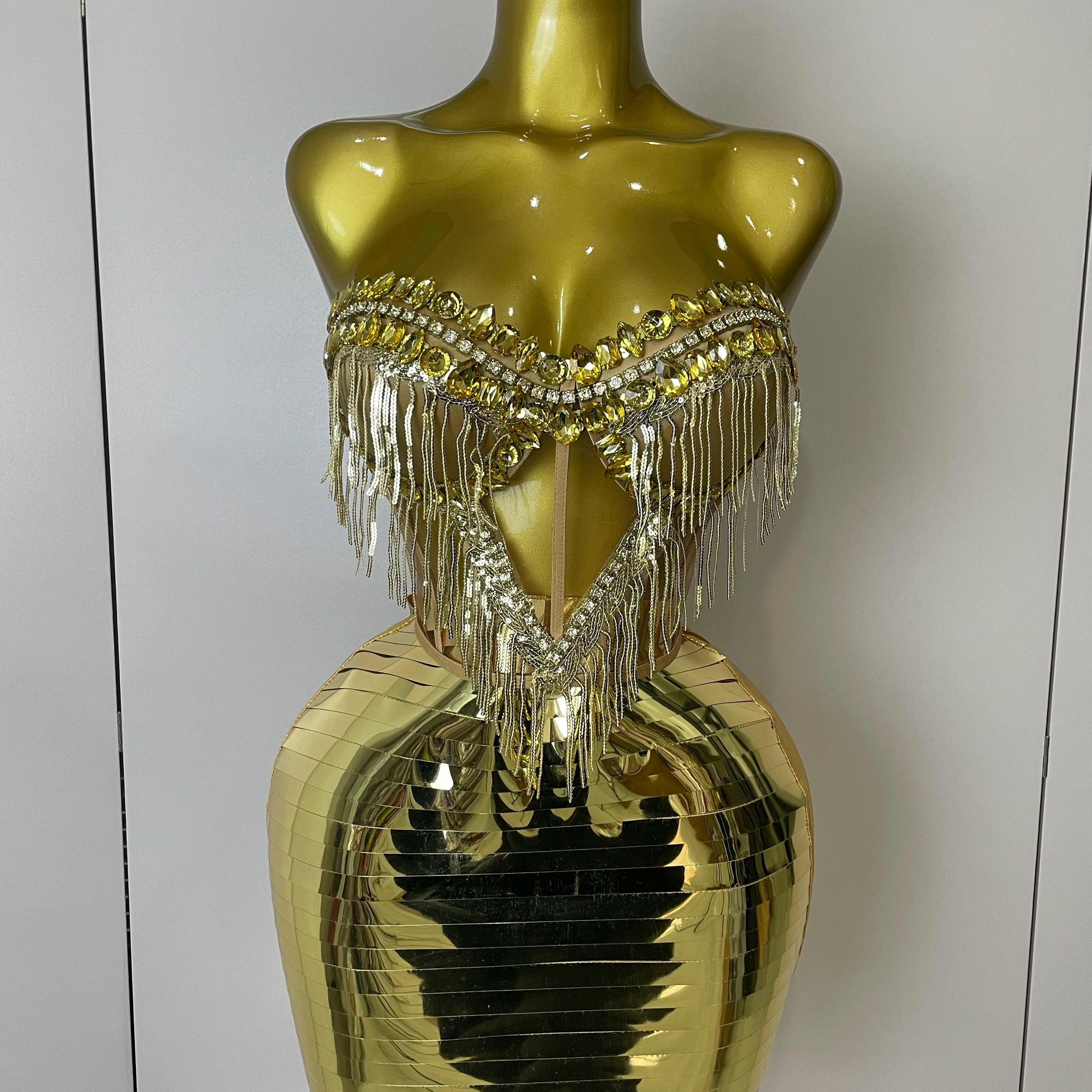 Sparkly Gold Rhinstones tassels Top Skirt Two-piec Set 2025 Women Sexy Strapless Designer Nightclub Evening Party Stage Outfit