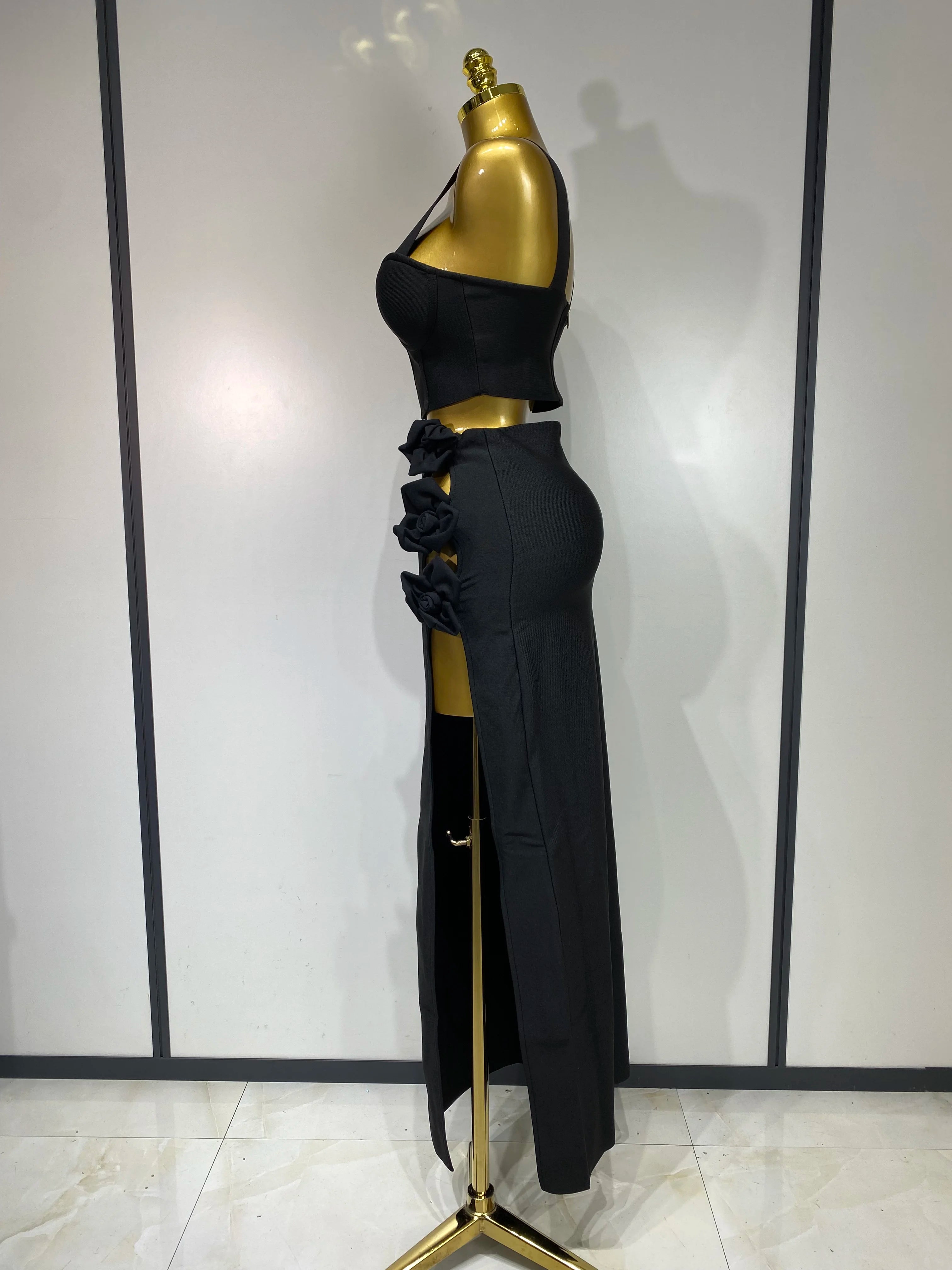 Summer New 2025 Women Sexy Flower Black Red Bandage Two Piece Set Celebrity Evening Party Skirt Suits Luxury Birthday Outfit