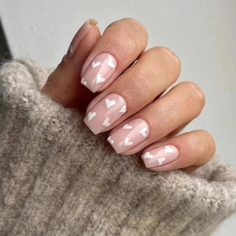 24Pcs Short Square Press on Fake Nails Simple Gradient White Nude Pink False Nails Wearable French Full Cover Nail Art Tips