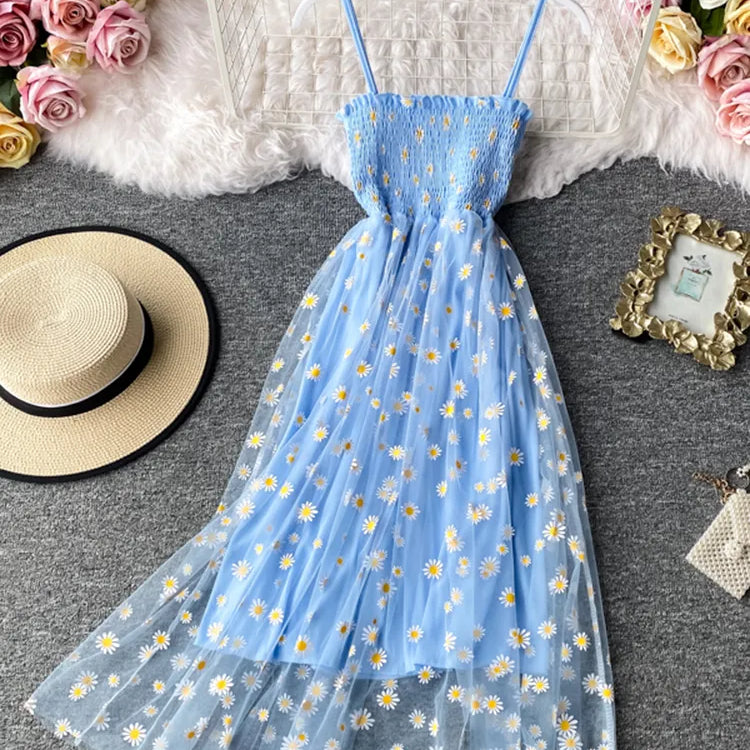 Summer Beach Mesh Floral Dress Women Vintage Elegant Sexy Beach Sundress Woman Party Night Korean Kawaii Vestidos Blue One Size