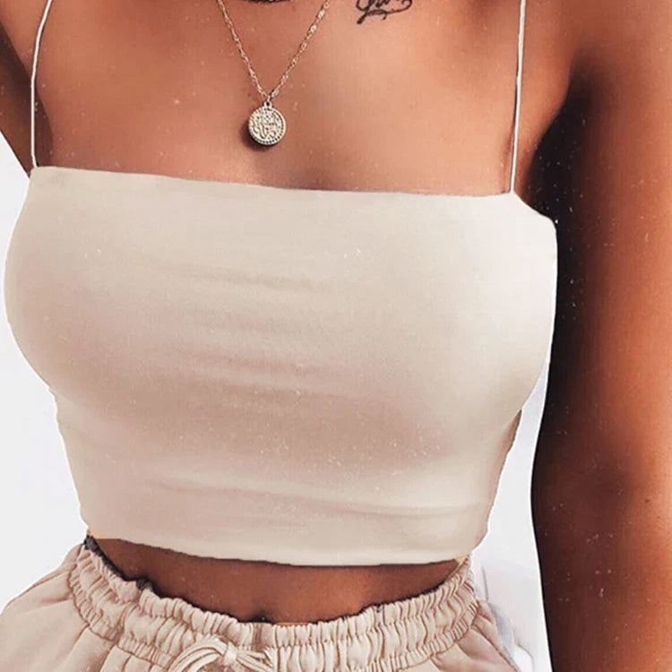 New Fashion Women Spaghetti Strap Crop Top Sexy Bodycon Sleeveless Cami Tube Top Basic Plain Camisole Beige