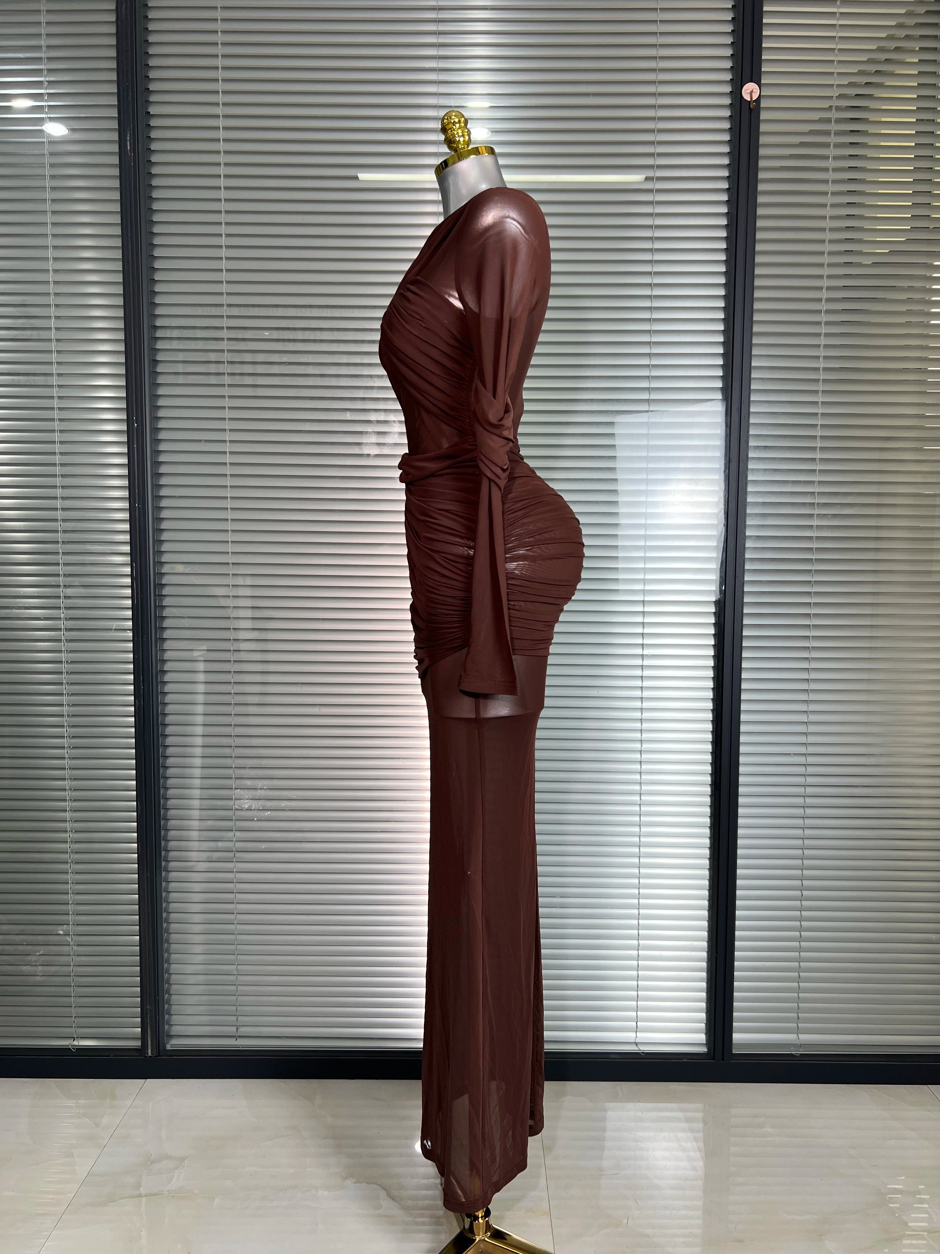 Summer New Women Sexy Long Sleeve Lace Mesh Ruched Maxi Dress Brown High Street Party Dress