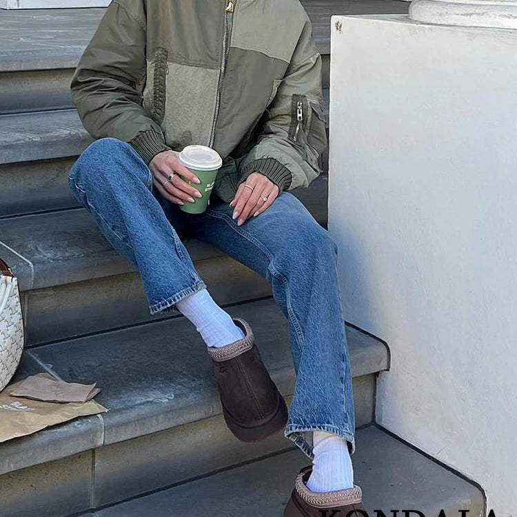 Streetwear Armygreen Bomber Jackets Women Patchwork Zipper Pockets Oversized Jackets Fashion 2024 Autumn Winter Coats