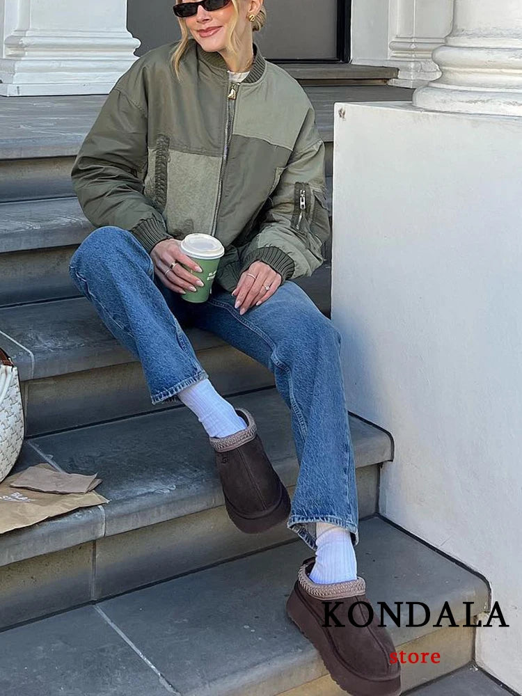 Streetwear Armygreen Bomber Jackets Women Patchwork Zipper Pockets Oversized Jackets Fashion 2024 Autumn Winter Coats