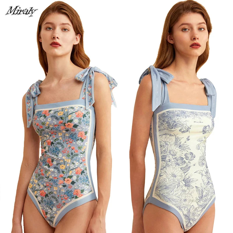 Y2K Fashion Women Floral One Piece Swimsuits Reversible Tie Shoulder Monokini Tummy Control Bathing Suits Square Neck Swimwear