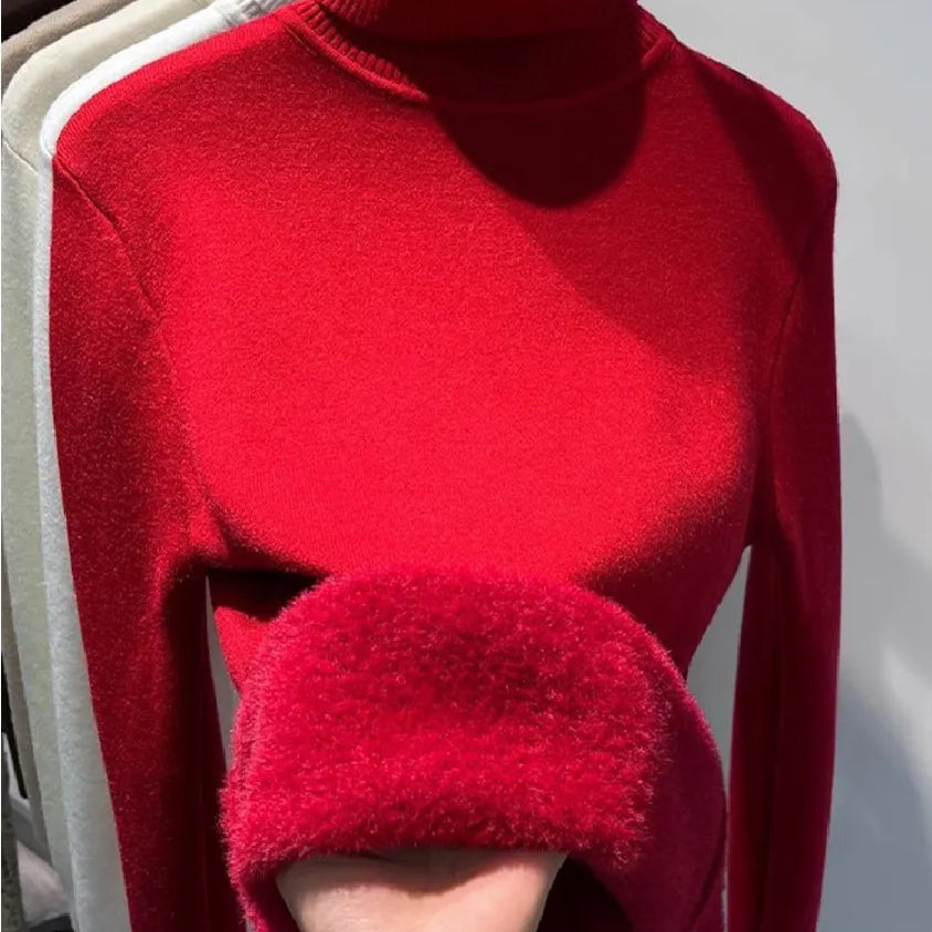 Turtleneck Winter Sweater Women Elegant Thicken Velvet Lined Warm Sueter Knitted Pullover Slim Tops Jersey Knitwear Jumper New red