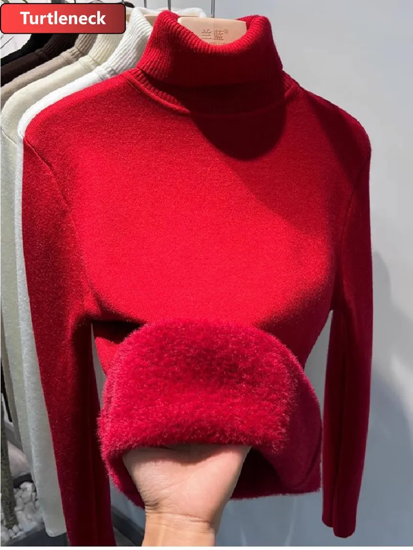 Turtleneck Winter Sweater Women Elegant Thicken Velvet Lined Warm Sueter Knitted Pullover Slim Tops Jersey Knitwear Jumper New red