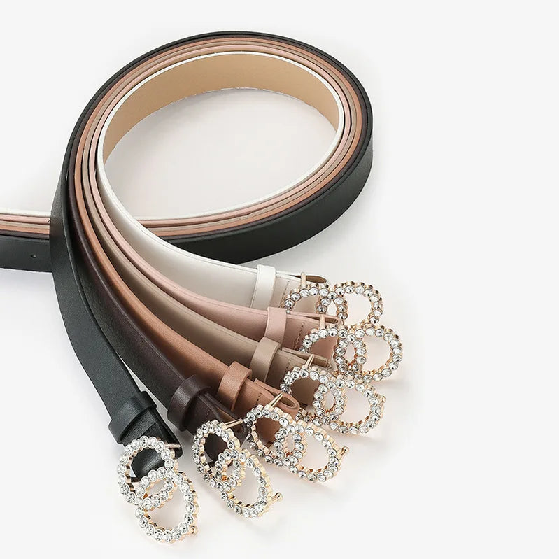 Double Ring PU Leather Rhinestone Belts for Women Fashion Luxury Designer Waistband Dress Jeans Belt