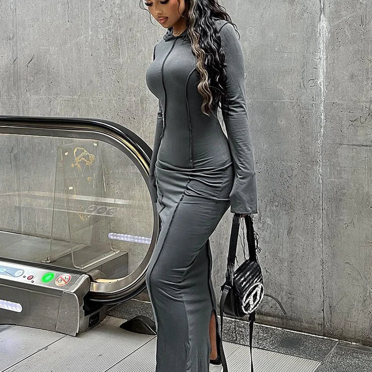 Casual Hooded Maxi Dresses Women Long Sleeve Back Split Sheath Slim Bag Hip Bodycon Robe Lady Office Lady Streetwear GRAY