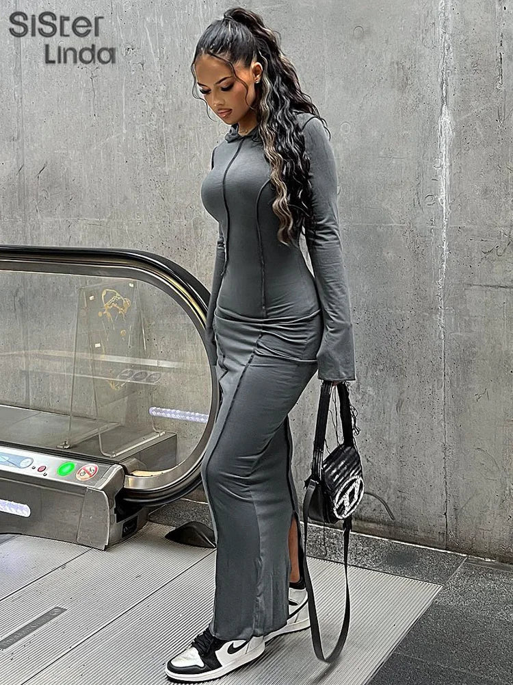 Casual Hooded Maxi Dresses Women Long Sleeve Back Split Sheath Slim Bag Hip Bodycon Robe Lady Office Lady Streetwear GRAY