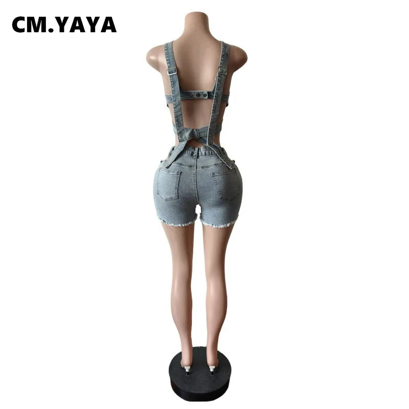 CM.YAYA Sexy Holiday Denim Women's Set Halter Neck Crop Tops and Ripped Out Shorts Jeans 2025 Summer Two 2 Piece Sets Outfit