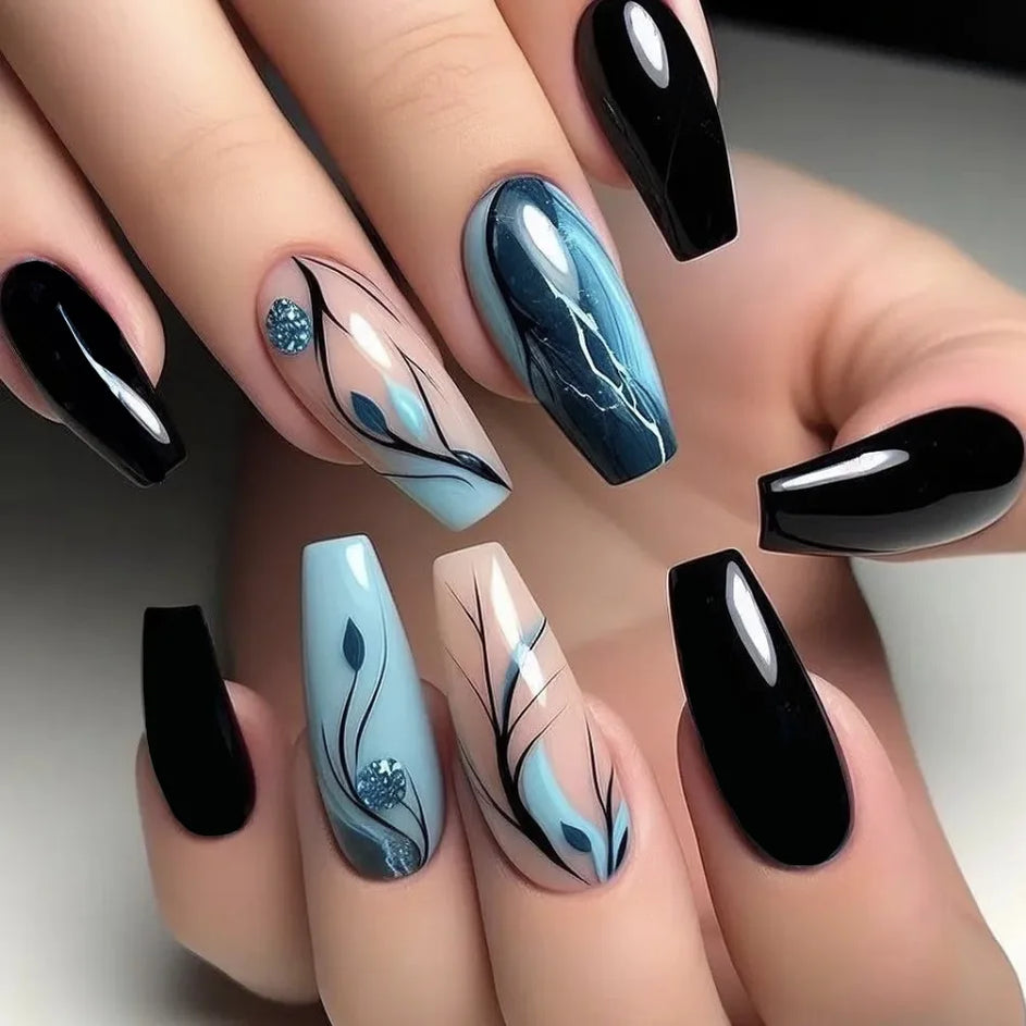 24pcs/set Meduim long fake nails for women peach flowers heart for Spring summer Square faux ongles press on false nail art tips