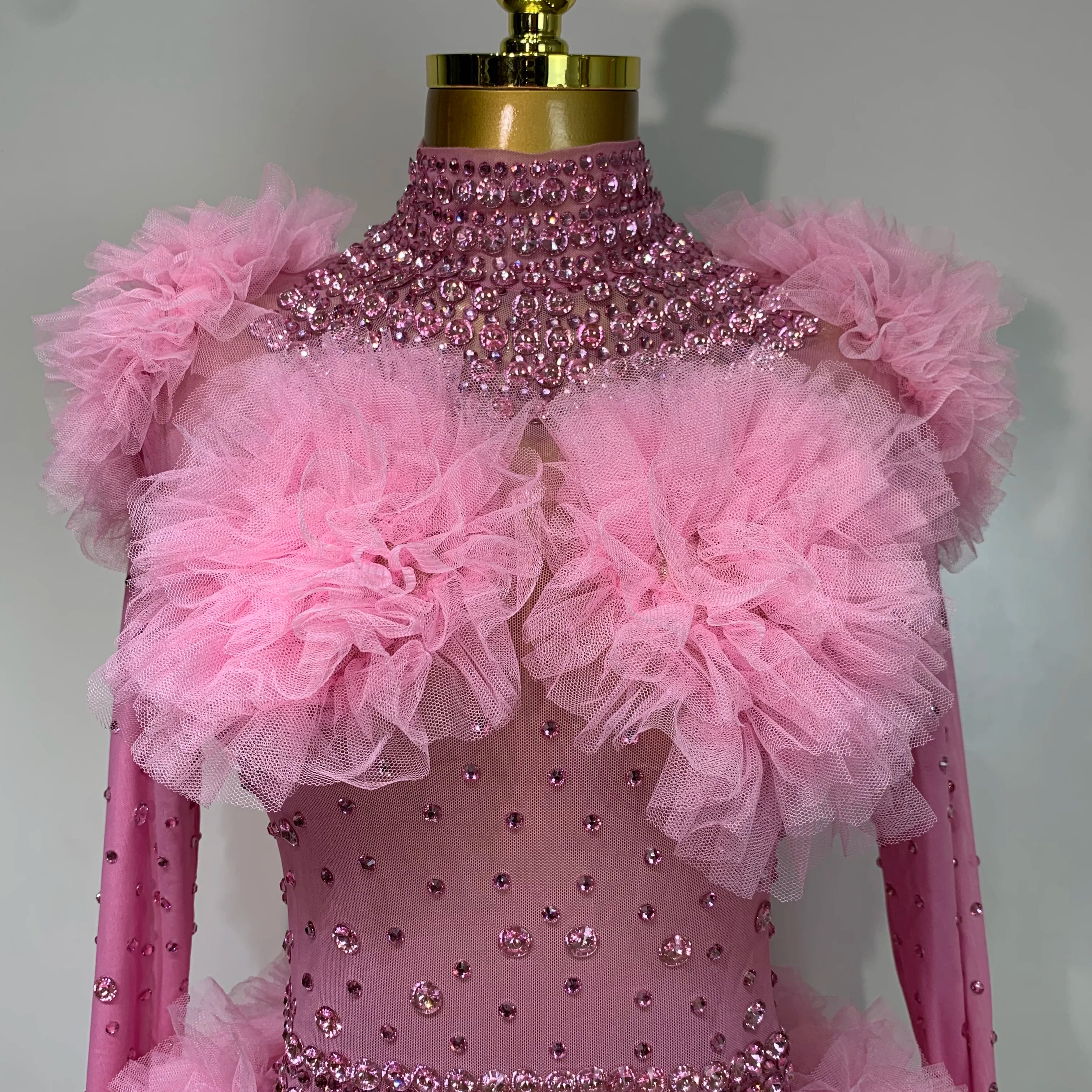 Sexy See Through Rhinestone Bodysuit 2025 Women Sexy Tight Mesh Ruffles Performance Dancer Singer Costume Nightclub Stage Outfit