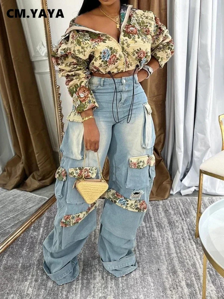 CM.YAYA Washed Denim Women's Set Full Sleeve Floral Jacket and Pockets Cargo Jeans Pants Suit 2024 Street Two 2 Piece Set Outfit Sets