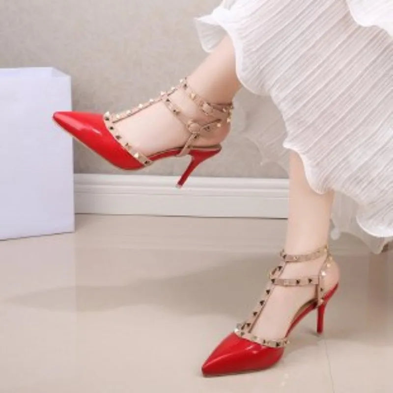 Summer High-heeled Women's Sandals Fashion Brand Design Pointed Rivet Red Casual Shoes Large Size 41-43