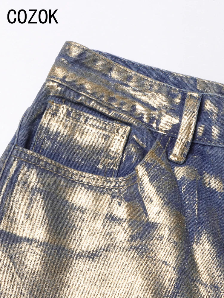 Metallic Wide Leg Jeans High Waist Pants For Women Autumn Vintage Y2K Streetwear Casual Loose Straight Denim Trousers