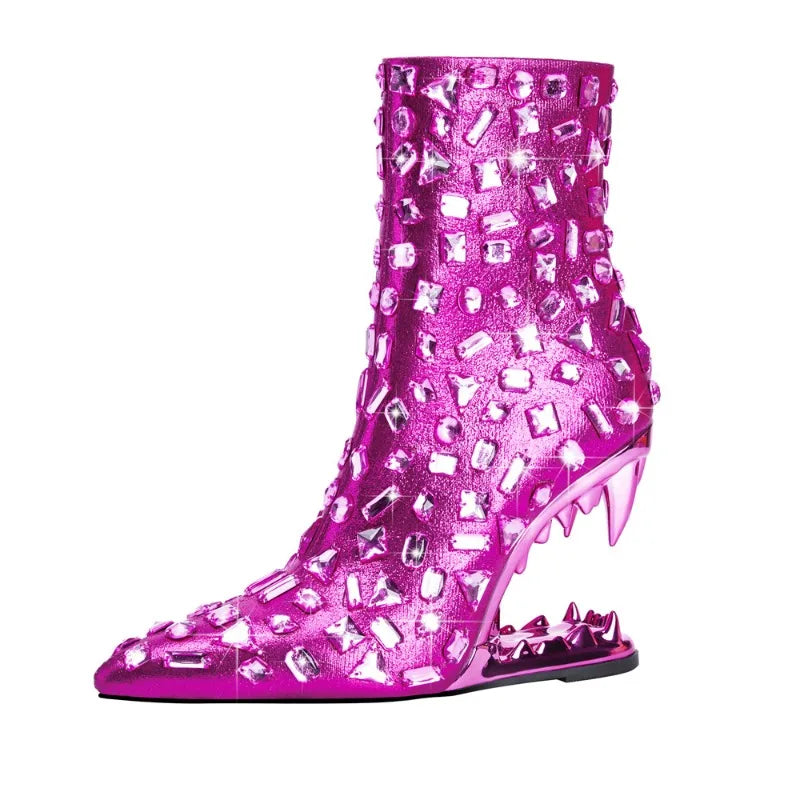 European and American Light Luxury Water Diamond Shaped Tiger Teeth High Heel Boots Women's Sexy Side Zipper Short Boots