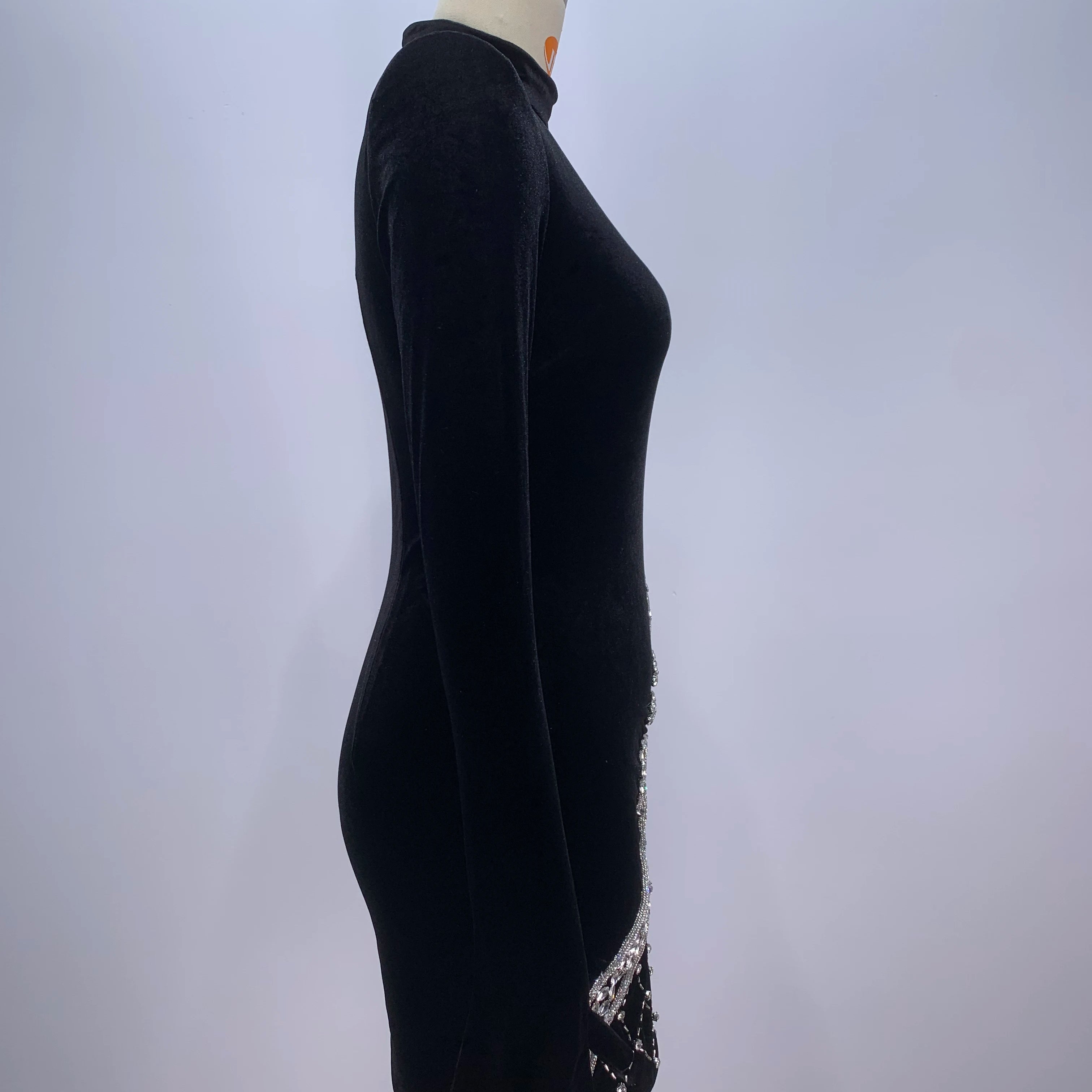 Fashion Women Long Sleeve Gloves Velvet Bodycon Mini Dress Sparkly Crystal Fashion Nightclub Party Cocktail Dress