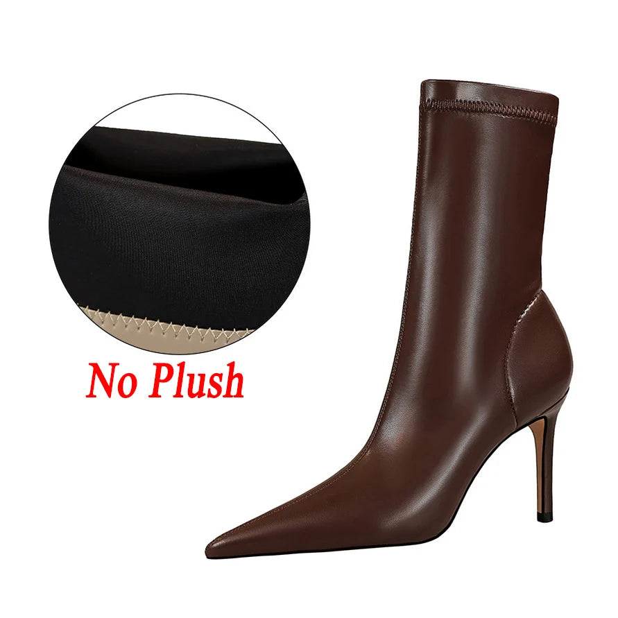 Women 7.5cm 10cm High Heels Leather Boots Lady Low Heels Short Ankle Boots Stripper Winter Warm Snow Plush Pointed Toe Shoes Brown-8cm