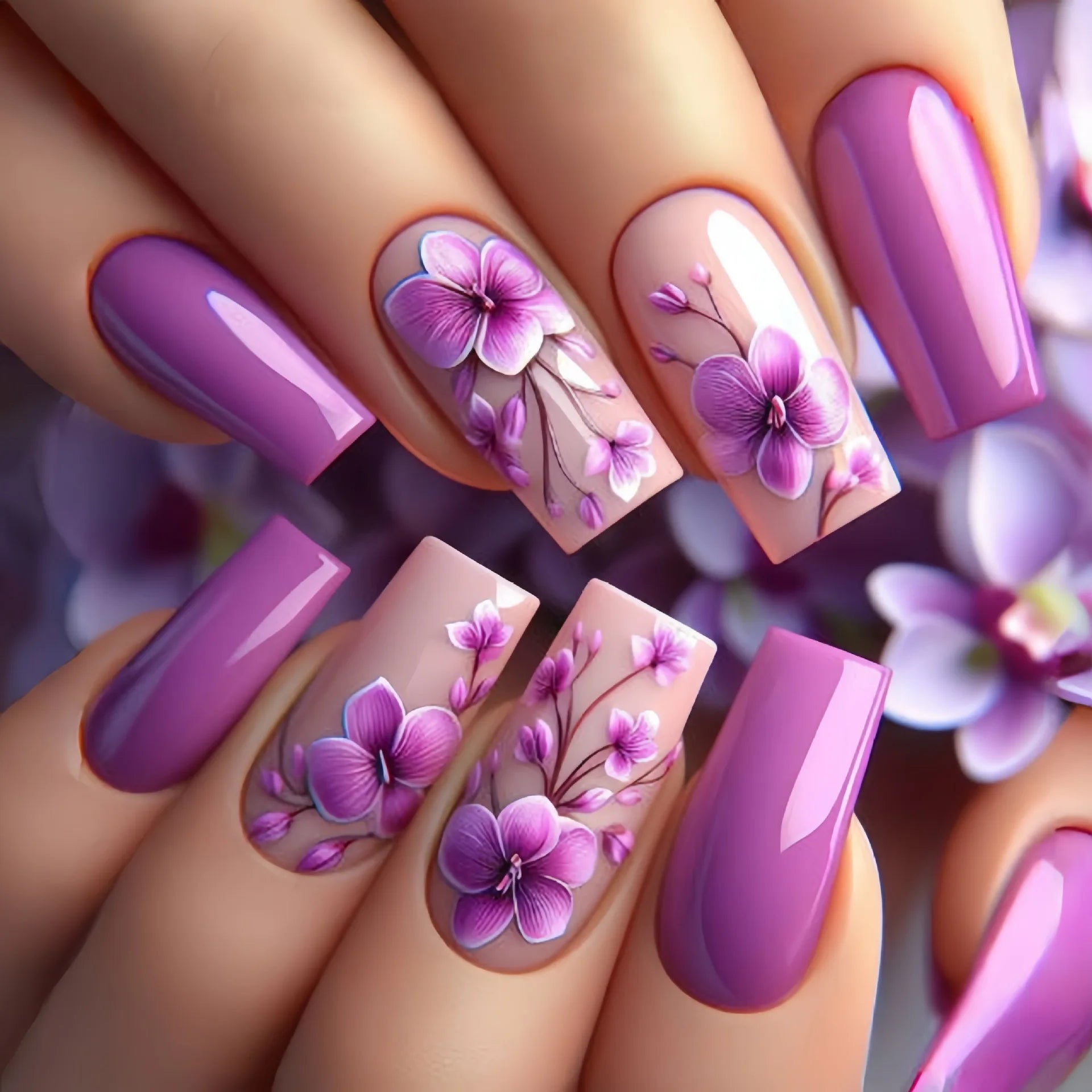 24Pcs Spring Short Square Head Fake Nail Tips Full Cover Blue Fresh Flower Pattern French Nail Wearable Press on Nails with Glue