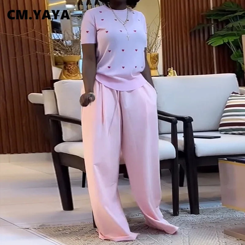 CM.YAYA Fashion Women's Set Love Short Sleeve T-shirt and Wide Leg Pants 2025 Summer Active Two 2 Piece Sets Outfit Tracksuit