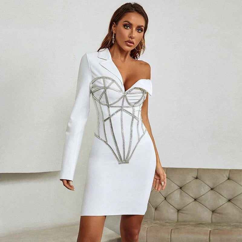High Quality Women Long Sleeve One Shoulder Sexy Bodycon Bandage Mini Dress Fashion Elegant Evening Party Celebrate Dress WHITE
