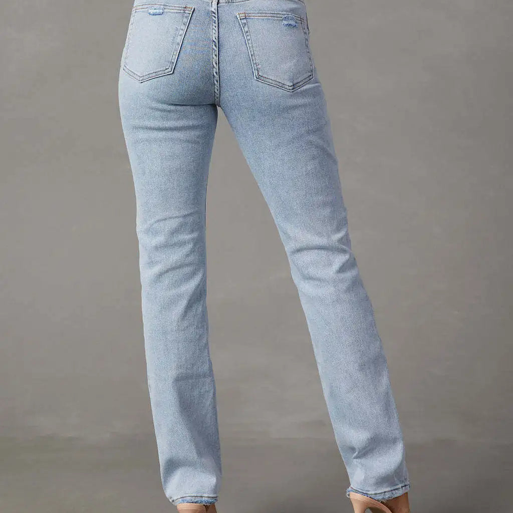 Women Blue Straight Denim Pants Female All-Match High Waist Vintage Zipper Jeans with Pockets