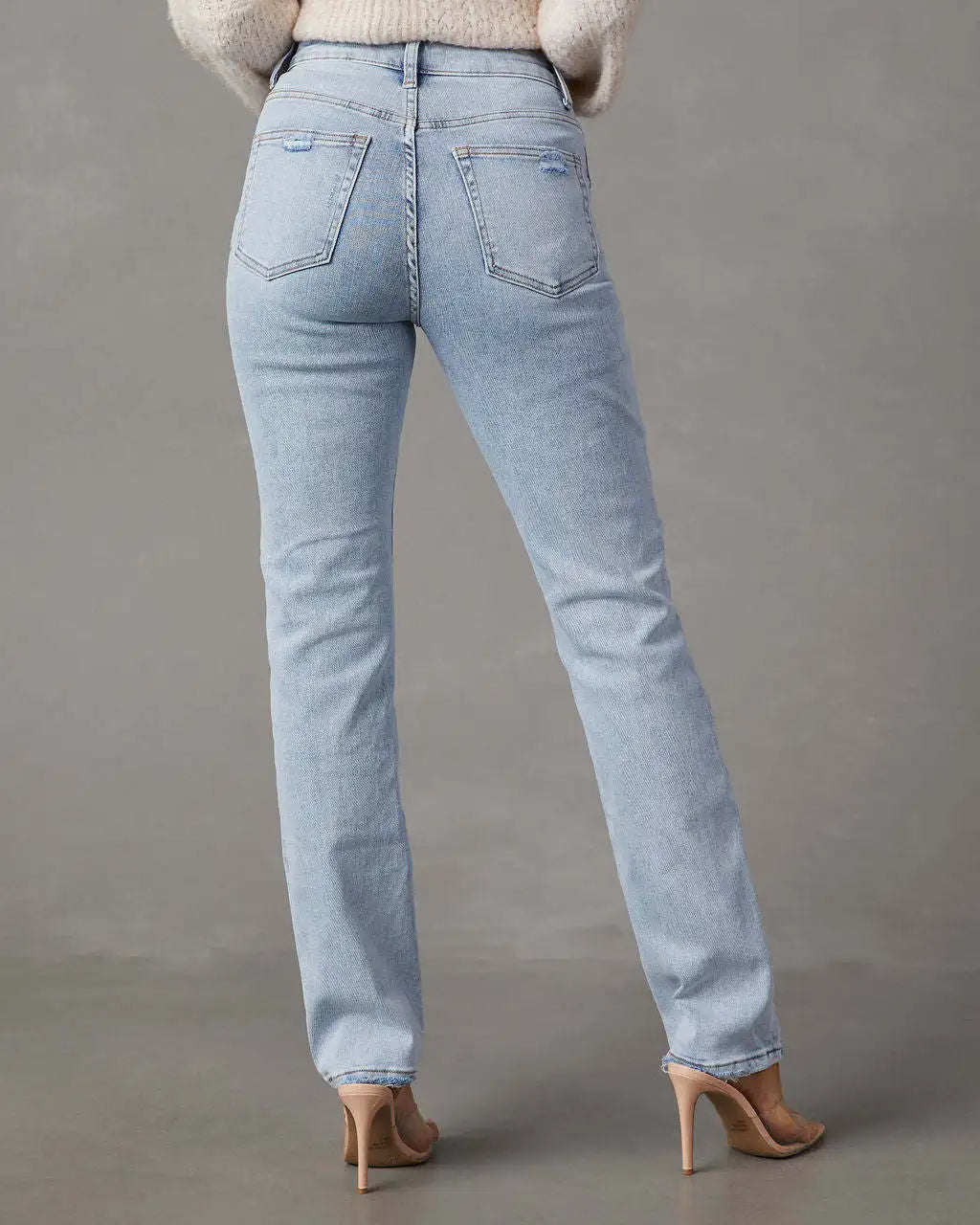Women Blue Straight Denim Pants Female All-Match High Waist Vintage Zipper Jeans with Pockets