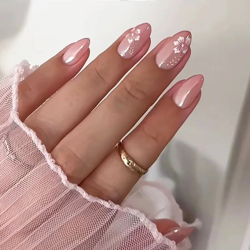 24Pcs Gradient Pink Nails Set Press on Cute French Press on False Nails Flower Design Wearable Almond Full Cover Fake Nail Tips