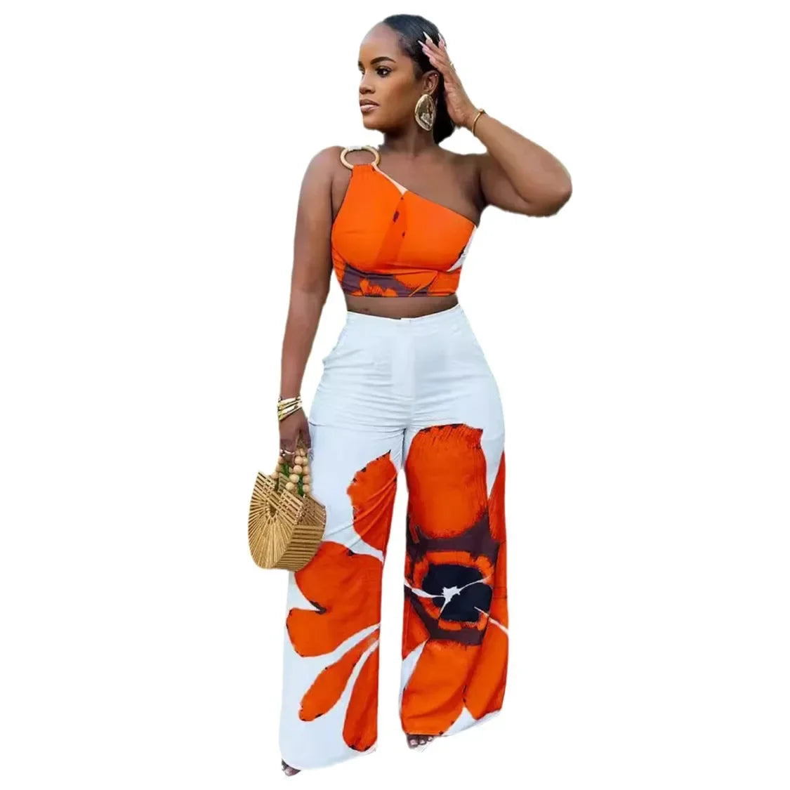 CM.YAYA Women Set Floral Print Sleeveless Skew Collar Tops +Wide Leg Pants Two 2 Piece Set Outfit 2024 Summer Street Tracksuit
