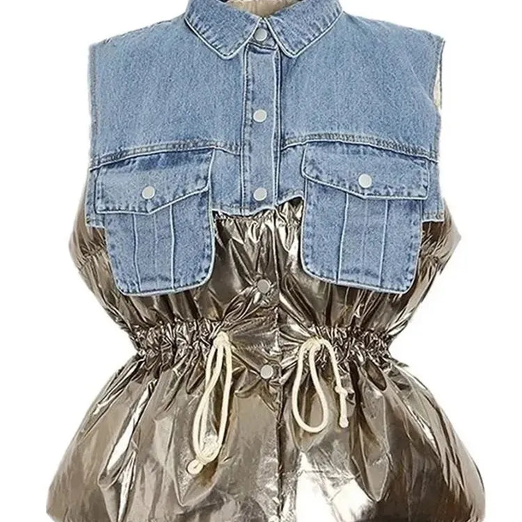 Fashion Patchwork Denim Parkas For Women Lapel Sleeveless Hit Color Spliced Pockets Chic Winter Thick Vest Female Clothing