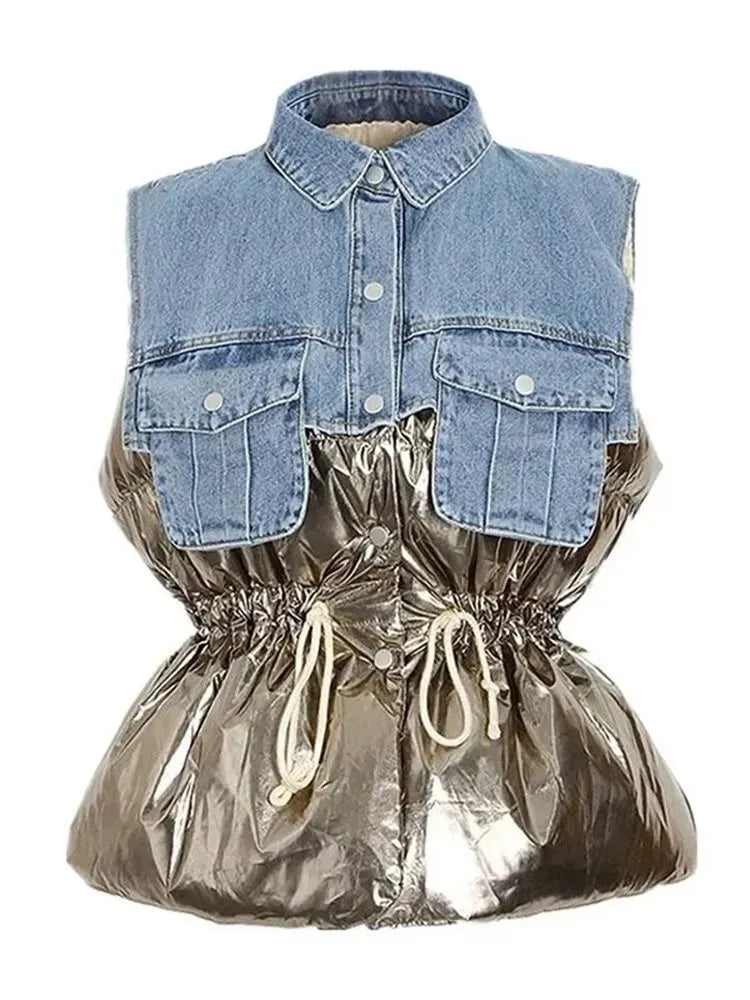 Fashion Patchwork Denim Parkas For Women Lapel Sleeveless Hit Color Spliced Pockets Chic Winter Thick Vest Female Clothing
